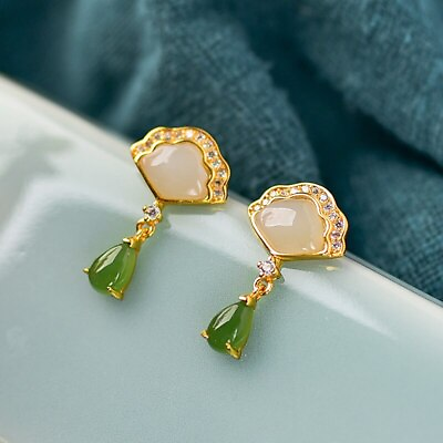 #ad Natural Hetian Jasper Fan Earrings for Women Ancient Gold Craftsmanship Crystal