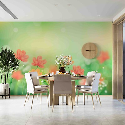 #ad 3D Watercolor Green Grass Pink Flowers Wallpaper Wall Murals Removable Wallpaper