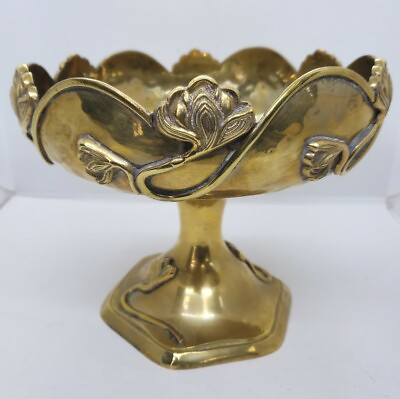 NEW OTHER Vintage Brass Art Nouveau Pedestal Bowl w Flower Design 8.5quot;Dx6.5quot;T