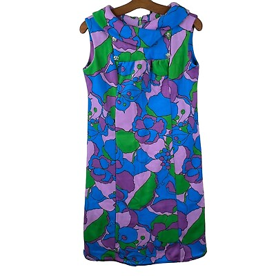 #ad Vintage 60s Geometric Floral Shift Dress Multicolor Sleeveless Casual Retro...