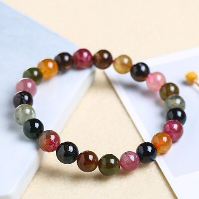 #ad Natural Tourmaline Stone Beaded Bracelet Rainbow Gemstone Stretch Bracelet