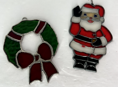 #ad Lot of 2 Vintage quot;Stained Glassquot; Suncatcher Santa amp; Christmas Wreath Ornament