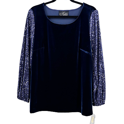 #ad Alex Evenings Velour Sequin Sleeve Top Shirt Womens Size X Large Dark Navy Blue