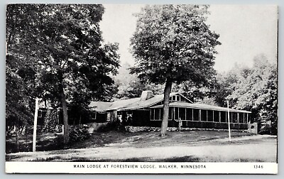 #ad #ad Walker Minnesota Lady Stands by Forestview Main Lodge 1940s Bamp;W CR Childs PC