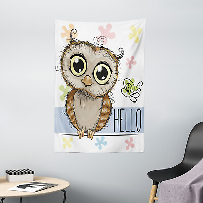 Owls Tapestry Cartoon Butterfly Hello Print Wall Hanging Decor