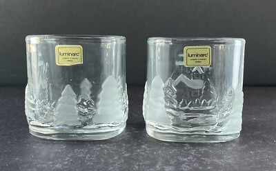 #ad Vintage Luminarc Log Home Etched Crystal Glass Candle Holders Set France w Box