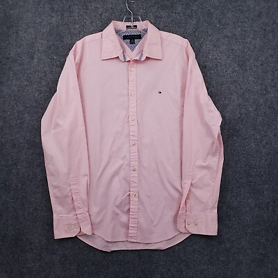 #ad Tommy Hilfiger Shirt Mens L Large Casual Button Up Pink Custom Fit Long Sleeves