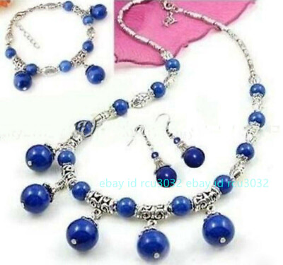 #ad Lovely Tibet Silver Blue Lazuli Lapis Gems Necklace Bracelet Earrings Set AAA