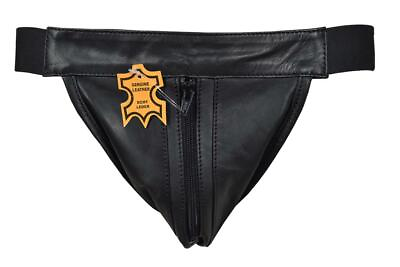 #ad Men#x27;s Leather Jockstrap Black Genuine Natural Leather Zipper Jocks Very Soft
