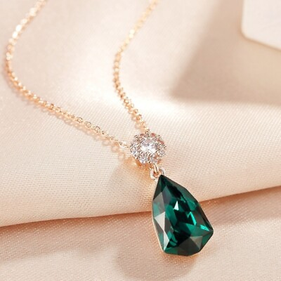 Thick 18K Rose Gold GF Made With Swarovski Crystal TrilliantCut Emerald Necklace