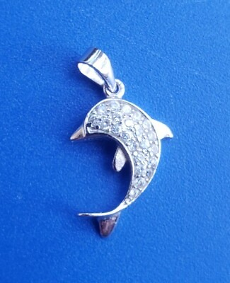 #ad Vintage Sterling Silver 925 Dolphin Pendant Charm with Clear Rhinestones