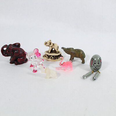 #ad Lot of 7 Miniature Elephant Figurines Ceramic Brass Plastic