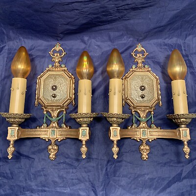 Great Pair Antique Wall Sconce Two Arm Sconces Rewired Polychrome Finish 102A