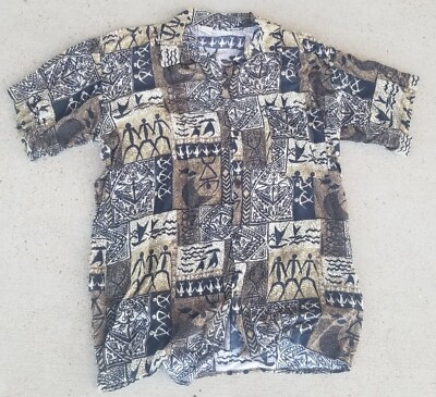 #ad Jamaican Mens Tribal Hieroglyphics Caribbean Beach Shirt Short Sleeve Size XL