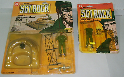#ad REMCO SGT ROCK ARMY ACTION FIGURE amp; MACHINE GUN PLAYSET ON CARDS 1980s