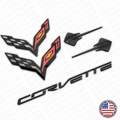 #ad 14 19 Corvette C7 Gloss Black Front Rear Fender Set Letter Badge Emblem Sport