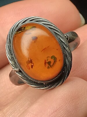 #ad Art Deco Sterling Silver 925 Baltic Amber Ring Antique Signed Hallmarks