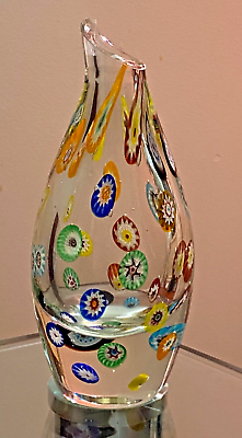 #ad Vintage from 1960Th Murano Italy Clear Glass Millefiori Vase Hight 7.5” RARE