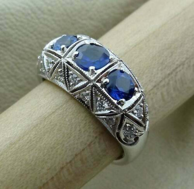 #ad 5.00 Carat Blue Three Gemstone Lab Created Style Women#x27;s Ring In 935 Silver