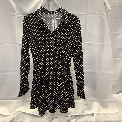 #ad Cbr Womens Skater Dress Black White Polka Dot Buttons Long Sleeve Collar S New