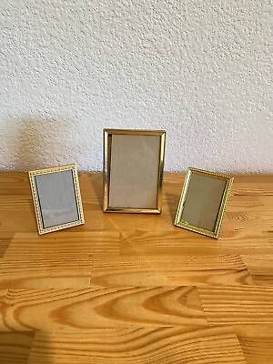 vtg set of 3 small stand alone gold photo picture frames 2x3quot; and 3.5x5quot;