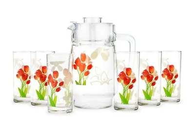 7pc Luminarc Tulips Pitcher and 6 Botanical Highball Tall Drinking Glasses Set