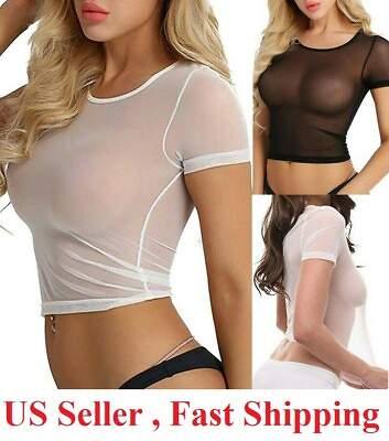 #ad Women Sexy See Through Mesh Sheer Tank Crop Top clubwear party Tee Lingerie