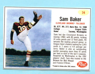 #ad 2022 1962 Style Cereal Football Card # 74 Sam Baker Browns