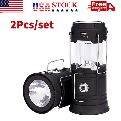 2 USB Solar Portable LED Flashlight Rechargeable Camping Tent Light Lantern Lamp
