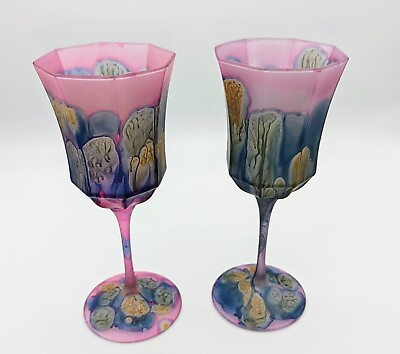 Luminarc France Art Nouveau 2 Hand Painted Watercolor Wine Goblets Glasses