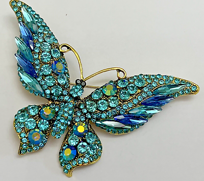 Large Aqua Blue Crystal Rhinestone Butterfly Brooch Pin Vintage Glass Gold Tone