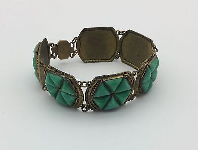 #ad Art Deco VTG Antique Panel Link Bracelet Green Stones Box Clasp Czechoslovakia