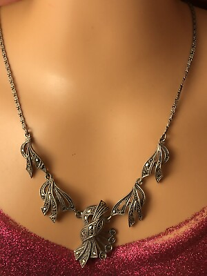 #ad Art deco 800 silver marcasite 16.25quot; built in pendants necklace MA 111521@