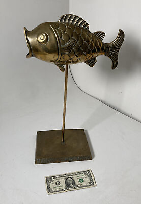Large Vintage Solid Brass Fish on Brass Stand Hollywood Regency Nautical Décor