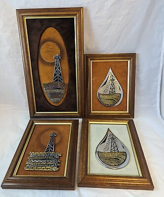#ad #ad Set of 4 Carl Queen Oil amp; Drilling Suede Mixed Metal Wall Art Phillips 66