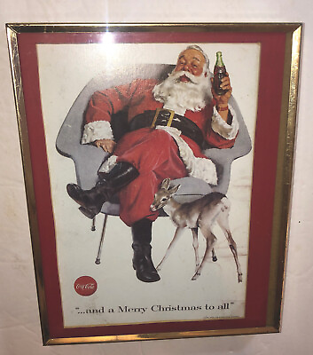 #ad VTG 1956 Coca Cola Coke Santa Claus Print Ad Christmas Framed Antique Frame