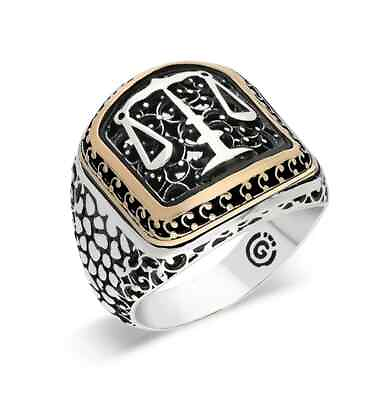 #ad Men Sterling 925 Silver Libra Horoscope Ring with Black Micro Zircon Stones