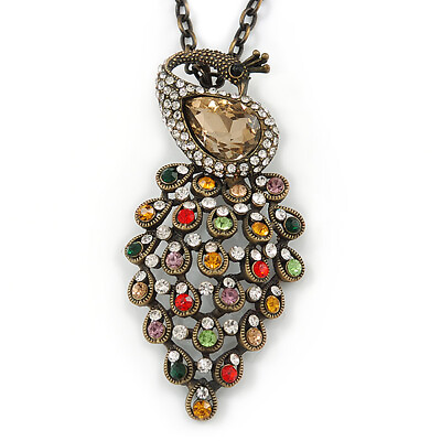 Vintage Inspired Multicoloured Crystal Peacock Pendant with Chain In Bronze