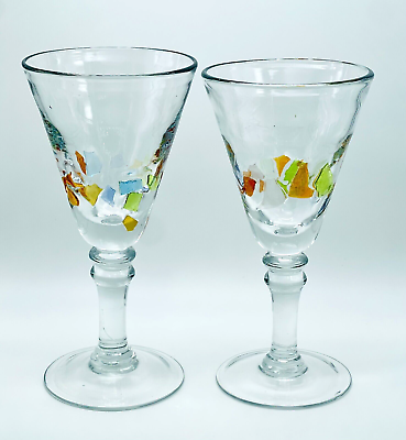#ad Harlequin Fused Tile Water Goblets Wine Glasses Global Amici Set of 2