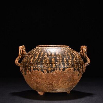 #ad 8.6quot; old antique eastern jin dynasty deqing kiln porcelain brown double ear pot