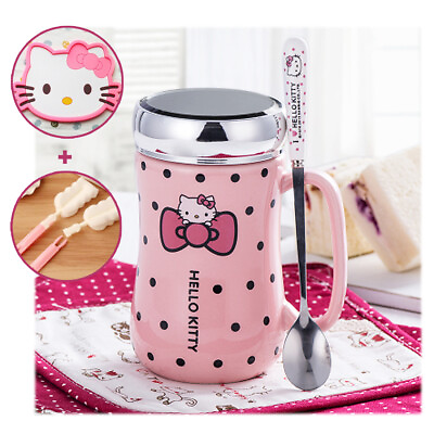 Hello Kitty Merchandise : Ceramic Coffee cup with lids amp; Spoon Set Pink Ver