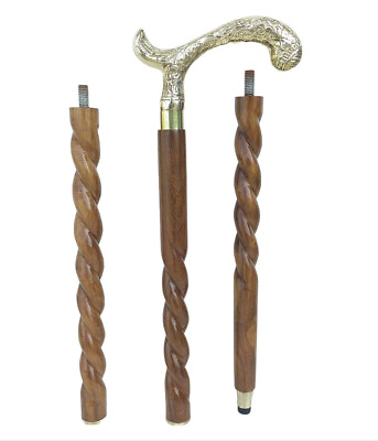Antique Carved solid brass head Handle Spiral Wooden Walking Cane Stick handmade