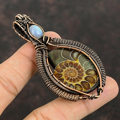 #ad Ammonite Fossil Wire Wrapped Pendant Handcrafted Copper Gift 3.07quot;