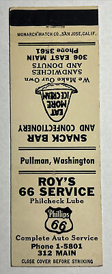 #ad Vintage Phillips 66 Matchbook Cover Roy’s 66 Service Pullman Washington #265