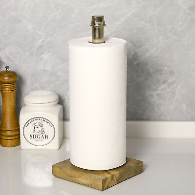Brass Plated Industrial Pipe Kitchen Countertop Paper Towel Holder w Wood Base
