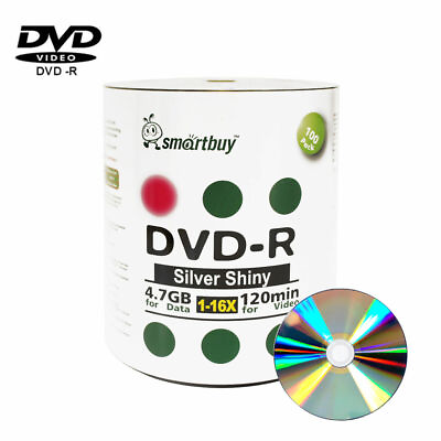 100 Smartbuy 16X DVD R 4.7GB Shiny Silver Non Printable Blank Recording Disc