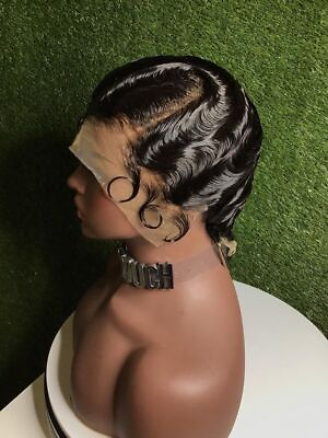 #ad Short Black Bob Finger Wave Pixie Cut L part Lace Front Human Hair Wig For Women