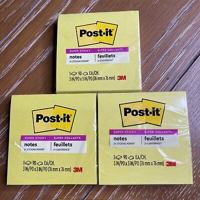 #ad 3 Post it Notes Light Yellow Super Sticky Pads 3” x 3” 90 Sheets Per Pad 🔥 🔥