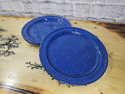 #ad Lot of 6 Vintage Dark Blue Speckled Enamelware Dinner Plates Camping