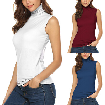 Women#x27;s Mock Neck Sleeveless Tank Top Soft Stretch Knit Casual Solid Turtleneck